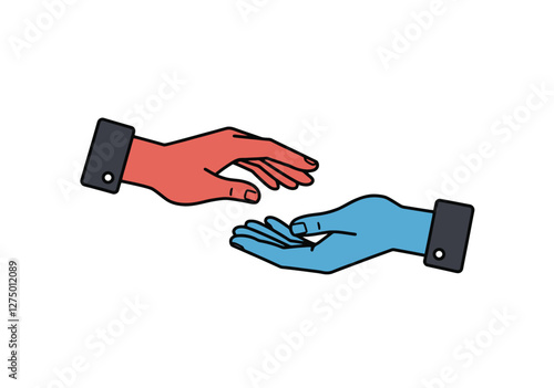 Giving hands clip art. Two hands, one red and one blue, reaching towards each other. Vector illustration design.