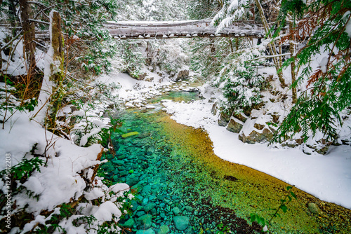 長野県南木曽町　降雪した冬の阿寺渓谷の風景