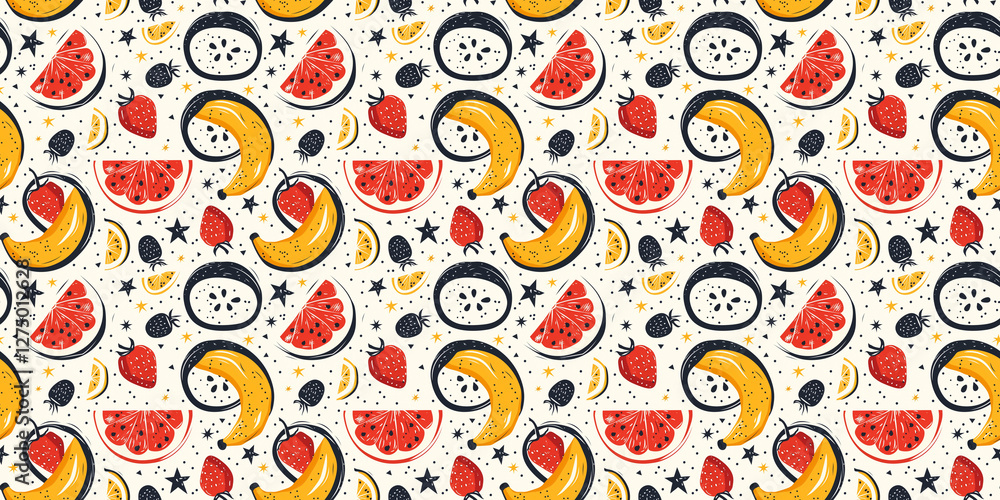 Vibrant fruit pattern with watermelon, banana, and strawberry on cream background Vibrant fruit pattern with watermelon, banana, and strawberry on cream background