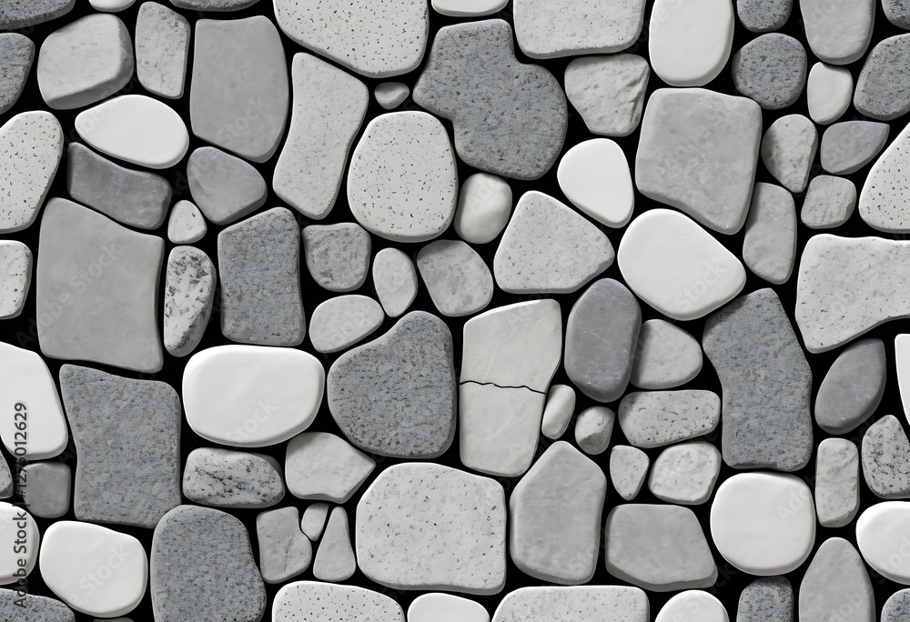 Polished Pebble Stone Arrangement in Tones of Grey and White Seamless Design Polished Pebble Stone Arrangement in Tones of Grey and White Seamless Design