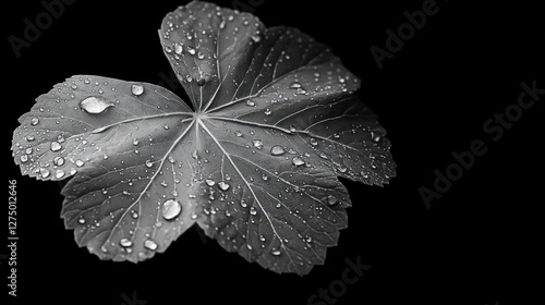 Close-up grayscale leaf with water droplets. Nature macro photography. Possible use Stock photo