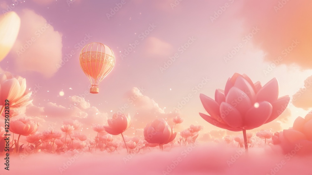 Obraz premium 3.A serene fantasy scene with oversized flowers glowing softly under a pastel-hued sky. Pink fog swirls around the landscape as a delicately crafted hot air balloon, adorned with golden accents,