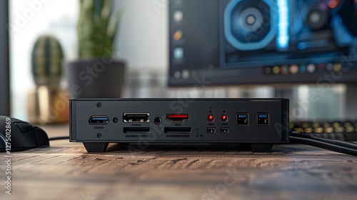 Rear view of a gaming desktop with high-speed USB and audio ports, offering multiple connection options for external gaming peripherals.

 photo