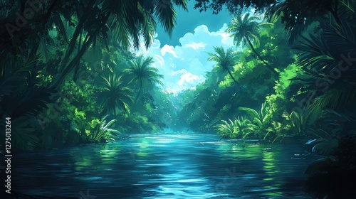 Lush Tropical River Canyon, Sunlight Dappling Through Canopy, Peaceful Scene, Nature Background, Stock Photo