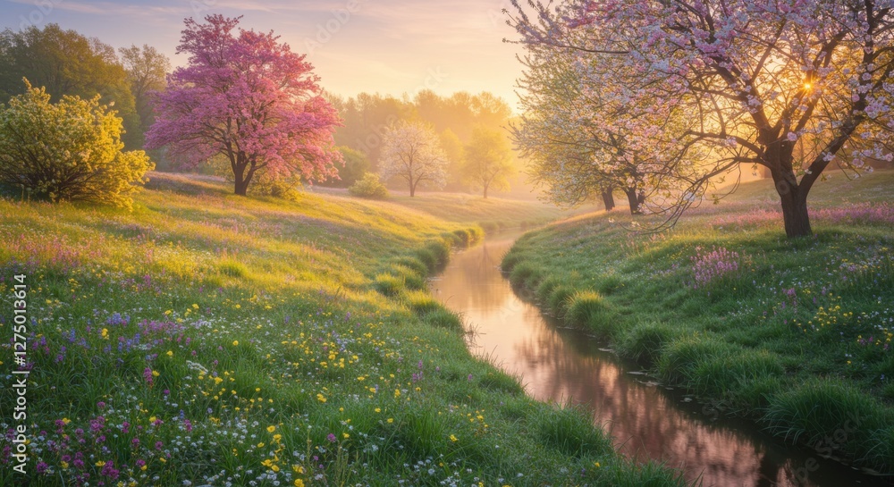 Fototapeta premium Serene Spring Sunrise: A Tranquil Stream Meanders Through a Blossoming Meadow