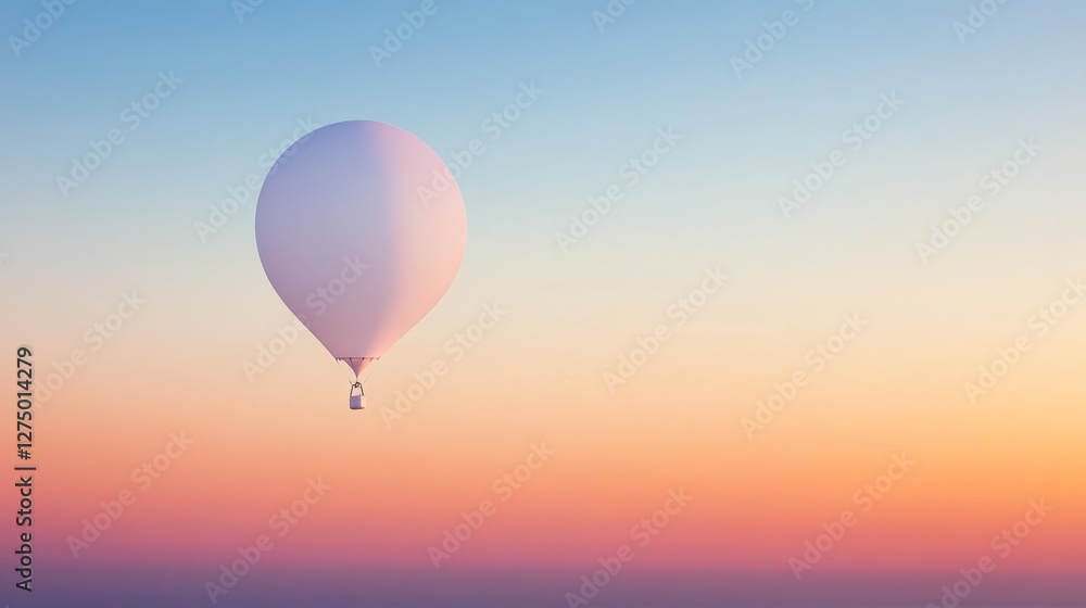 Fototapeta 28.Wide shot of a blank white helium balloon rising into the atmosphere, its smooth surface standing out sharply against the vivid hues of the horizon.