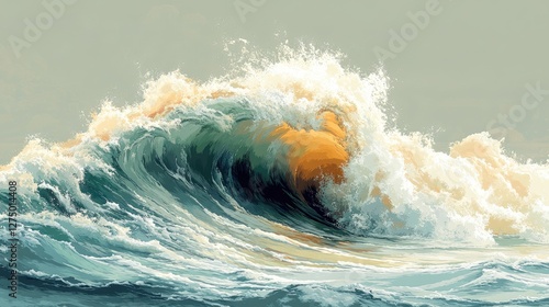 Dramatic ocean wave crashing, powerful nature scene, tranquil, potential wallpaper