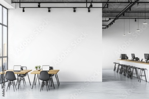Modern office workspace, large blank wall, city view, coworking area