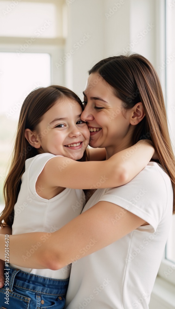 A heartwarming portrait showcasing a daughter lovingly embracing her mother at their home A heartwarming portrait showcasing a daughter lovingly embracing her mother at their home
