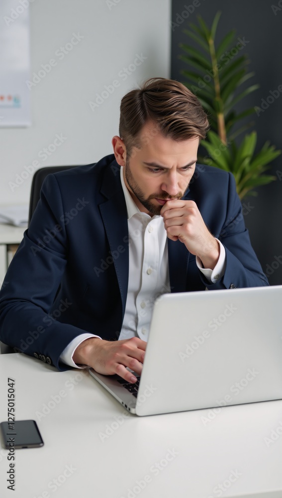 Businessman strategizing with laptop at his office desk Businessman strategizing with laptop at his office desk