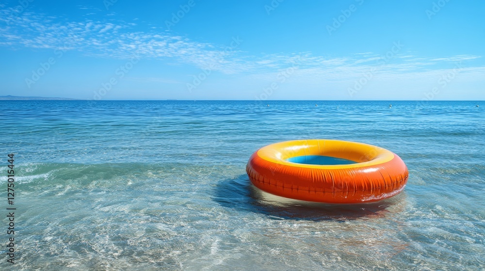 44.A bright, multicolored inflatable ring drifting gently on the calm waters near a sandy beach, with gentle waves lapping and a clear blue sky overhead. 44.A bright, multicolored inflatable ring drifting gently on the calm waters near a sandy beach, with gentle waves lapping and a clear blue sky overhead.