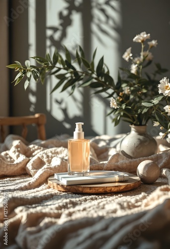 Elegant Body Care Product Display with Floral Accents and Warm Light