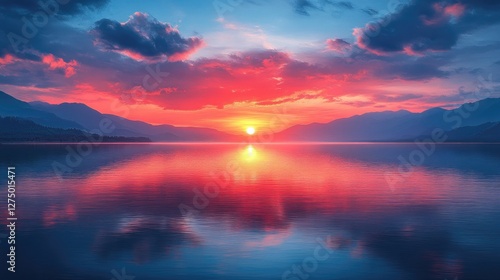 Stunning sunset over tranquil lake reflecting fiery sky. Scenic mountain view. Possible use for travel brochures or wallpaper