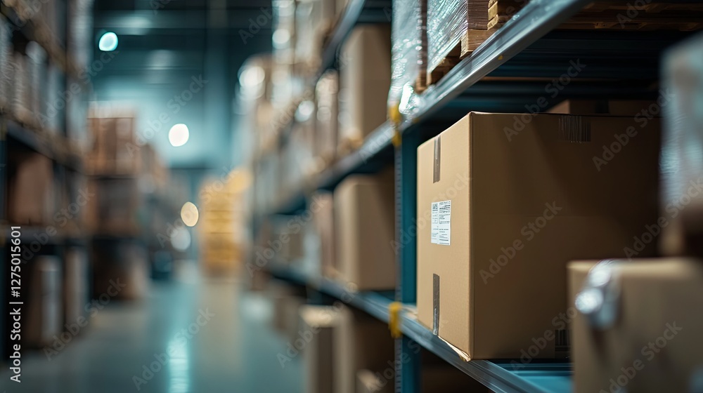 Fototapeta premium Stacked Boxes in Warehouse, Symbolizing Efficient Logistics and Organized Storage
