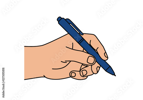 Hand holding pen clipart. A hand is holding a blue pen in a writing position. Vector illustration design.