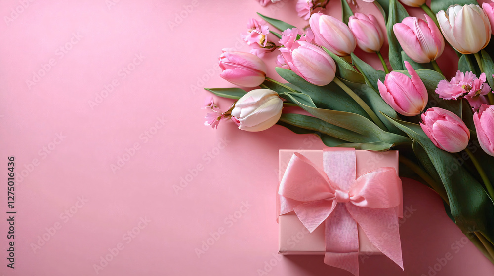 A serene overhead shot of a gift box with a satin ribbon beside a bouquet of pink and white tulips, perfect for celebrations like birthdays or anniversaries. A serene overhead shot of a gift box with a satin ribbon beside a bouquet of pink and white tulips, perfect for celebrations like birthdays or anniversaries.