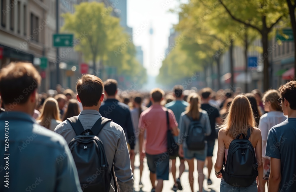 Crowd walking city street on sunny day. Backlit people commute, travel on pedestrian sidewalk in city center. Urban population returns home after work. Tree alley cityscape with walking pedestrians. Crowd walking city street on sunny day. Backlit people commute, travel on pedestrian sidewalk in city center. Urban population returns home after work. Tree alley cityscape with walking pedestrians.