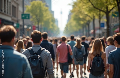 Crowd walking city street on sunny day. Backlit people commute, travel on pedestrian sidewalk in city center. Urban population returns home after work. Tree alley cityscape with walking pedestrians. photo