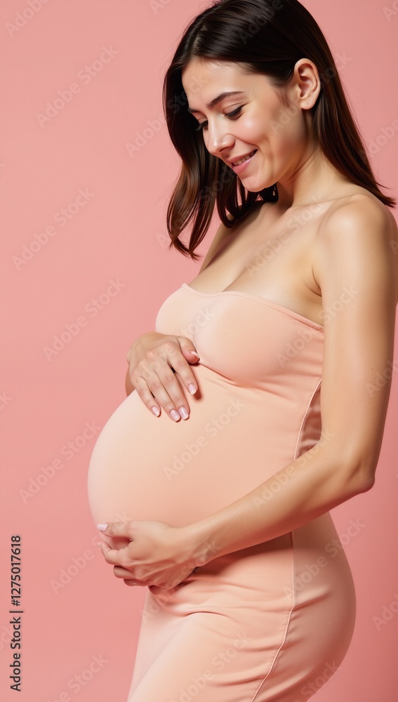 Close-up portrait of expectant mother in peach dress cradling baby bump set against pastel backdrop with plenty of extra room for promotion Close-up portrait of expectant mother in peach dress cradling baby bump set against pastel backdrop with plenty of extra room for promotion