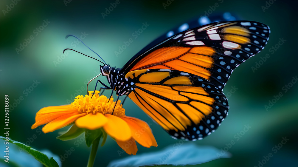 Fototapeta premium A beautiful monarch butterfly perched on a vibrant orange flower, showcasing nature's intricate details in a serene environment.