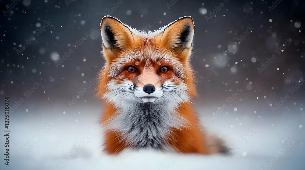 Obraz premium A beautiful red fox emerging from the snowy landscape, showcasing its vibrant fur and striking features in a tranquil winter setting.