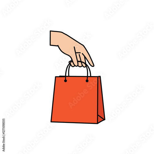 Bag on hand clip art. A hand holding a red shopping bag by its black handles. Vector illustration design.