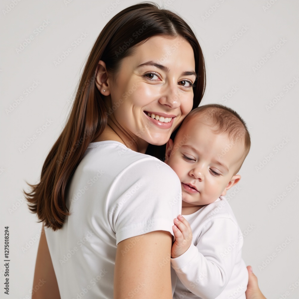 Cute mother holding toddler son in an isolated portrait on a plain background Cute mother holding toddler son in an isolated portrait on a plain background