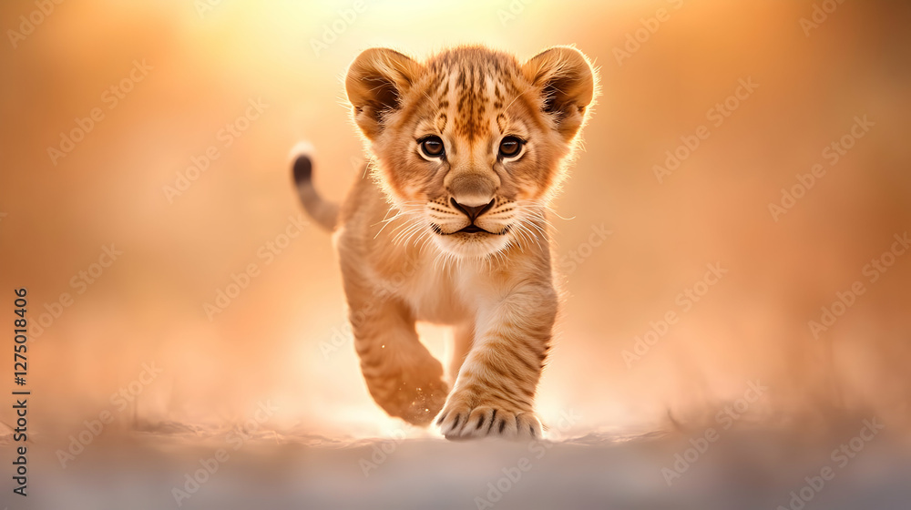 Obraz premium A charming lion cub walking towards the camera with a warm sunset background, capturing the essence of wildlife and innocence.