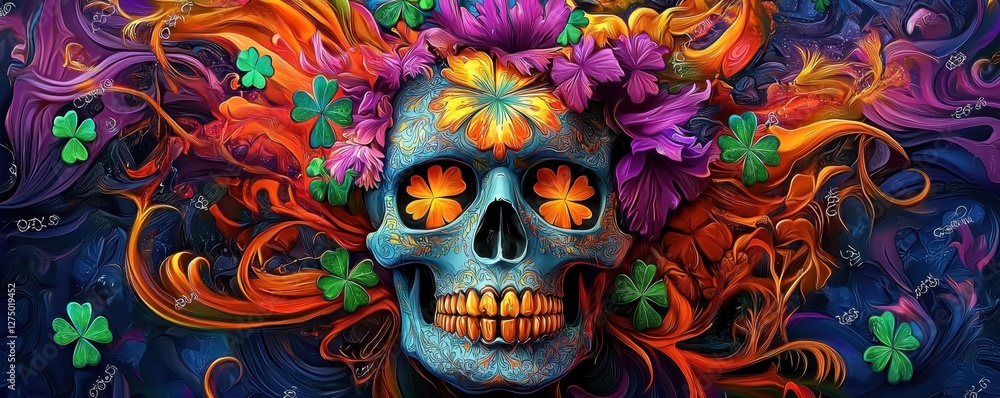 Vibrant skull surrounded by colorful flowers and swirling flames on a dark background. Vibrant skull surrounded by colorful flowers and swirling flames on a dark background.