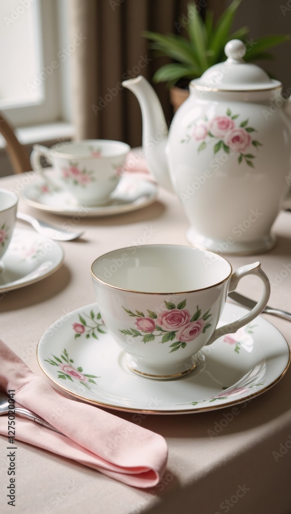 Mothers Day Decor Elegant table setting for tea adorned with flowery china and soft pastels includes delightful roses Mothers Day Decor Elegant table setting for tea adorned with flowery china and soft pastels includes delightful roses
