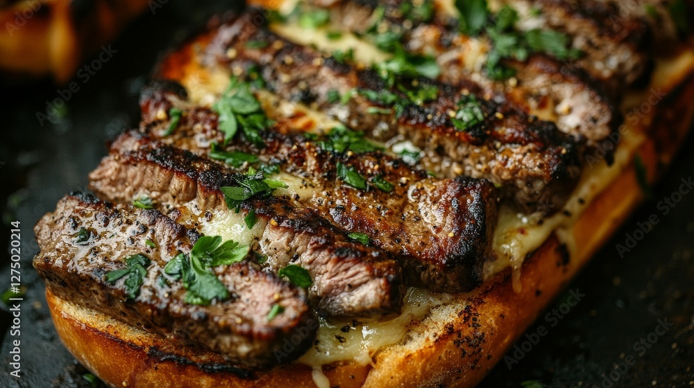 A delicious grilled steak sandwich topped with herbs and cheese on toasted bread. A delicious grilled steak sandwich topped with herbs and cheese on toasted bread.