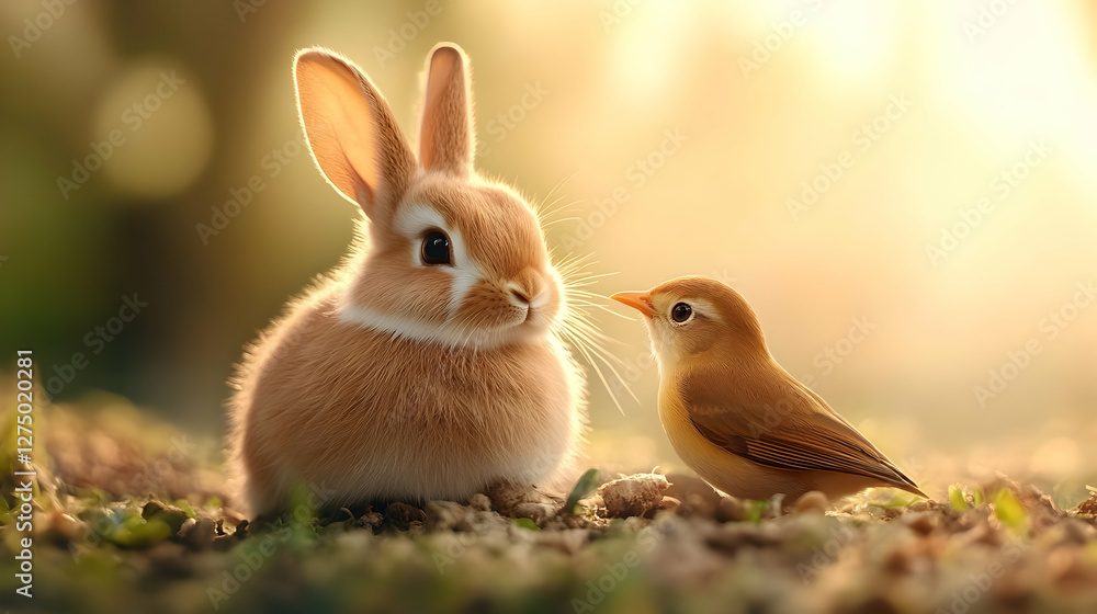 A cute rabbit and a small bird sitting together in a sunny, warm environment, showcasing a moment of friendship in nature. A cute rabbit and a small bird sitting together in a sunny, warm environment, showcasing a moment of friendship in nature.