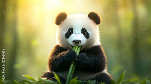 A cute panda munching on bamboo in a lush green forest, radiating serenity and joy in its natural habitat. photo