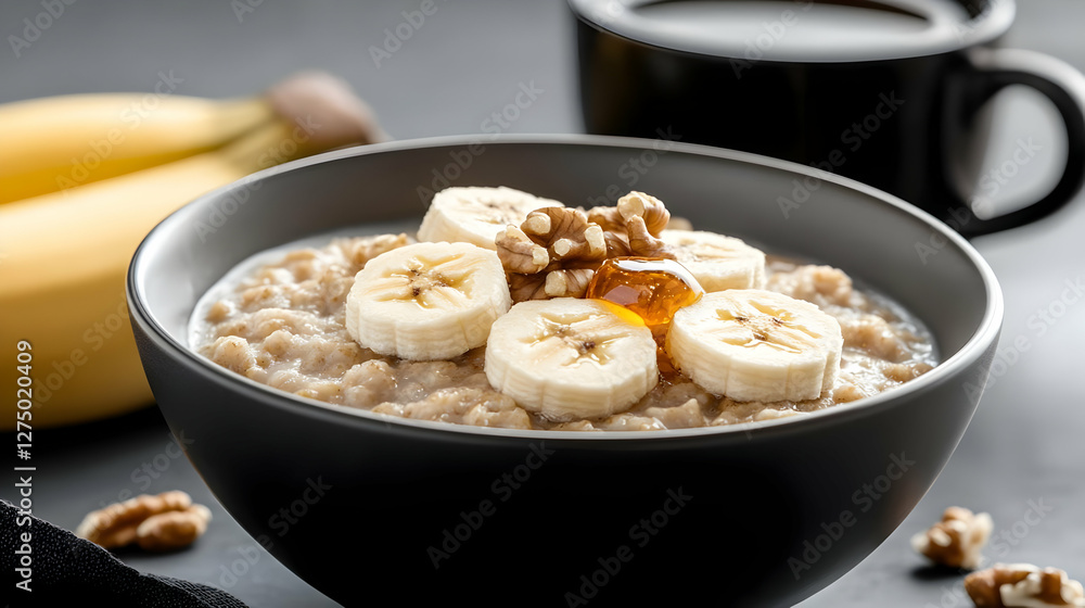 A delicious bowl of oatmeal topped with fresh banana slices, walnuts, and a drizzle of honey, perfect for a nutritious breakfast. A delicious bowl of oatmeal topped with fresh banana slices, walnuts, and a drizzle of honey, perfect for a nutritious breakfast.