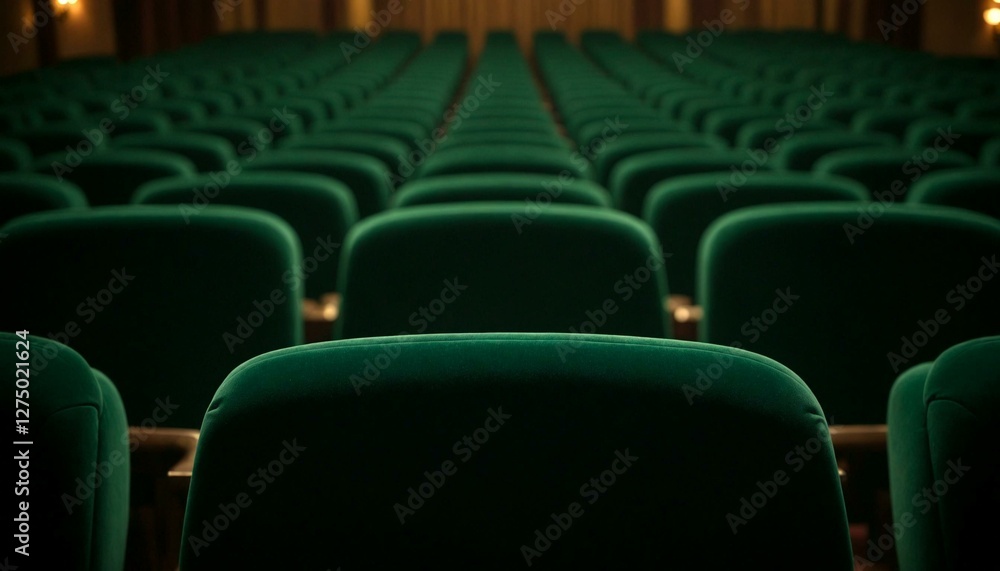 Dimly Lit Theater Rows of Green Velvet Chairs Dimly Lit Theater Rows of Green Velvet Chairs