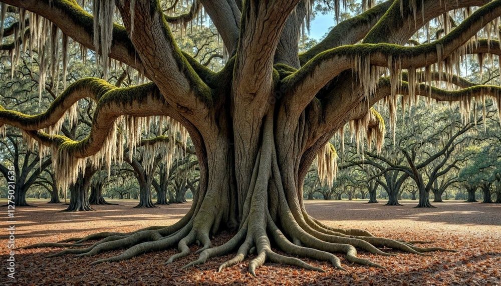 Fototapeta premium Moss-covered Tree with Spanish Moss in Forest