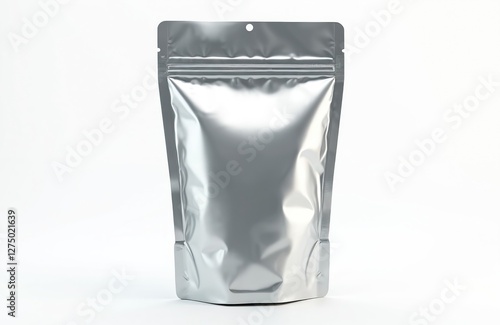 Single blank flexible stand up food pouch bag with zip fastener. Shiny foil, plastic container for candy, medicals or sugar. Product packaging template isolated on white background.