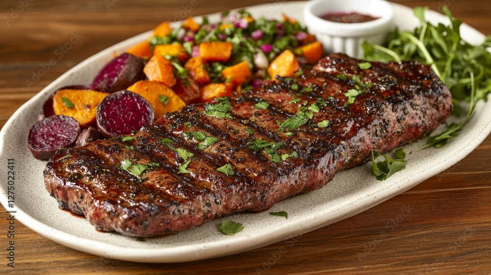 A delicious grilled steak served with colorful vegetables and a dipping sauce. A delicious grilled steak served with colorful vegetables and a dipping sauce.