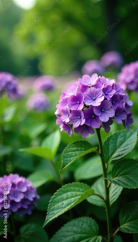 Purple hydrangea flowers in a lush green field, garden field, full bloom, hydrangea macrophylla Purple hydrangea flowers in a lush green field, garden field, full bloom, hydrangea macrophylla