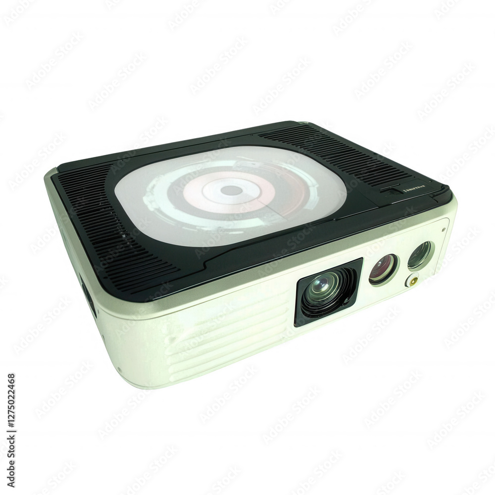 Compact Off-White Projector Showcasing Circular Graphic Design Compact Off-White Projector Showcasing Circular Graphic Design