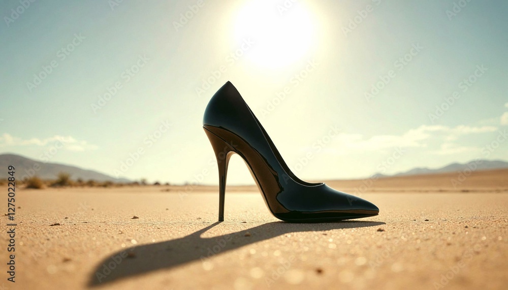 Naklejka premium Black high heel in desert at sunset
