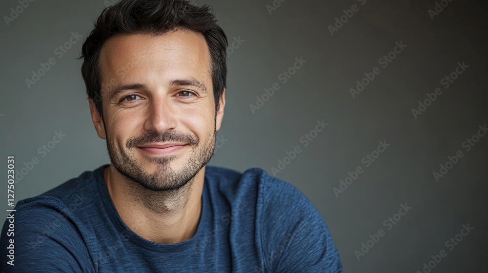 Obraz premium Young man smiling warmly, soft light enhancing his cheerful expression, minimal background.