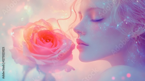 A soft-focus depiction of a woman leaning close to a rose as it sheds cosmic dust. Pastel tones meet detailed character design and manga storytelling flair. 