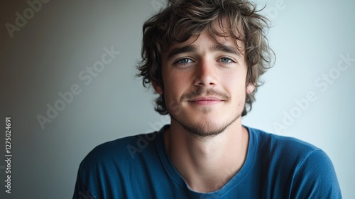 Young man smiling warmly, soft light enhancing his cheerful expression, minimal background.