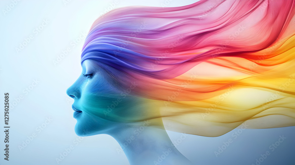 A surreal portrait showcasing vibrant hair waves symbolizing creativity and emotional expression in a colorful atmosphere. A surreal portrait showcasing vibrant hair waves symbolizing creativity and emotional expression in a colorful atmosphere.