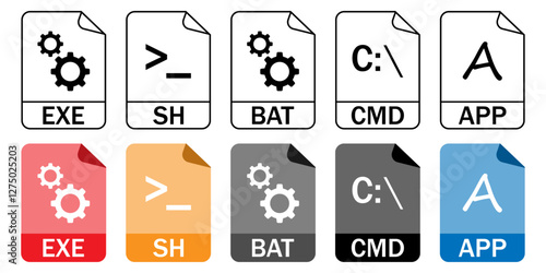 Collection of executable and shell script file format icons (EXE, SH, BAT, CMD, APP) in outline and color styles. Great for software development and IT projects.
