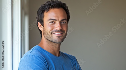 Young man smiling warmly, soft light enhancing his cheerful expression, minimal background.