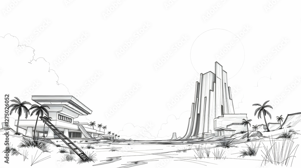 Obraz premium Hand-drawn sketch of a futuristic desert landscape with modern buildings, palm trees, and a distant sun, creating a minimalist, architectural scene.