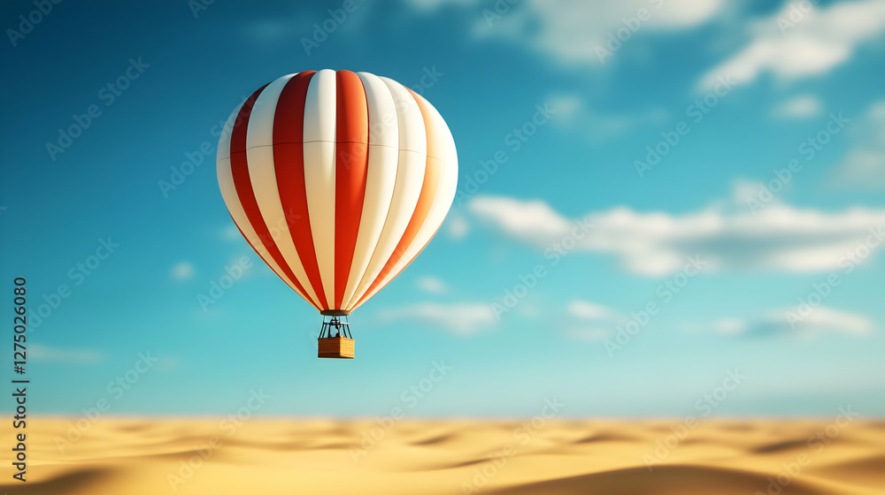 Fototapeta premium A vibrant hot air balloon floats gracefully above a golden desert landscape under a clear blue sky, embodying adventure and freedom.
