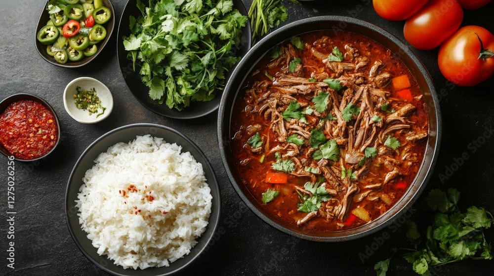 A delicious meal featuring beef stew, rice, fresh herbs, and vegetables. A delicious meal featuring beef stew, rice, fresh herbs, and vegetables.